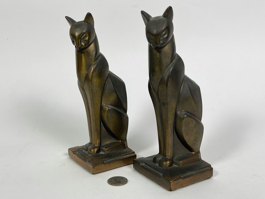 Pair Of Art Deco Brass Cats 7.5H [Photo 2]