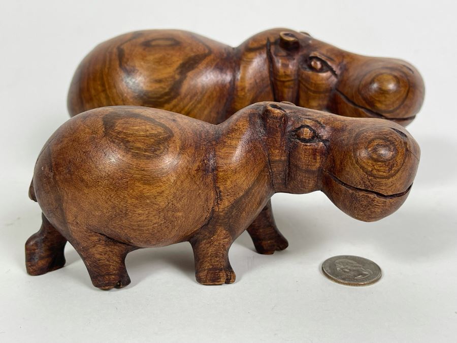 Pair Of Carved Wood Hippos 8L And 6L [Photo 2]