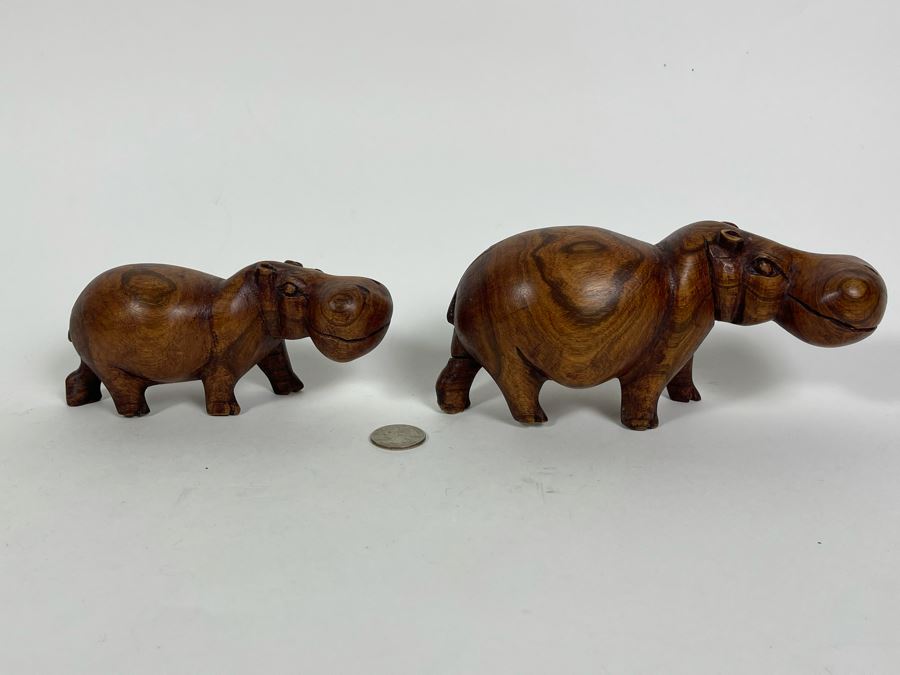 Pair Of Carved Wood Hippos 8L And 6L [Photo 4]