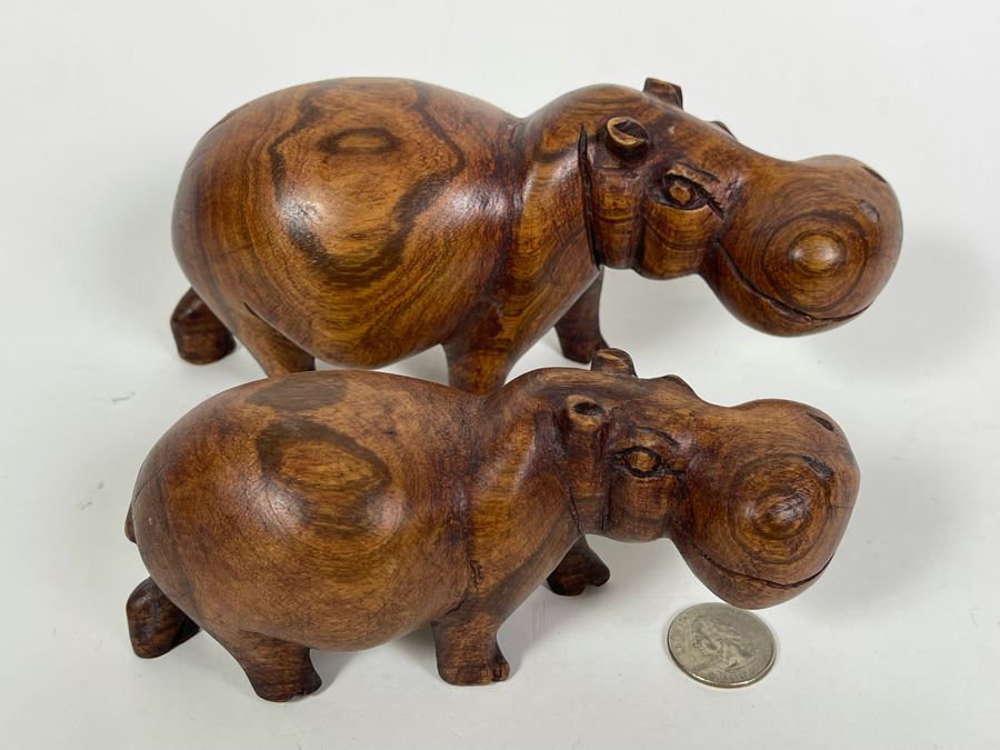 Pair Of Carved Wood Hippos 8L And 6L [Photo 3]