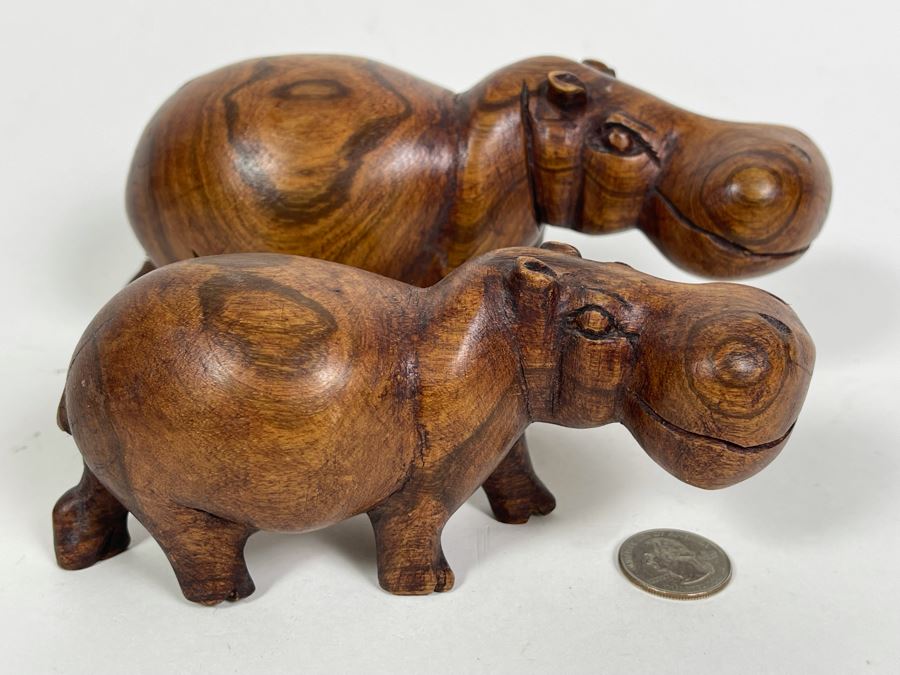 Pair Of Carved Wood Hippos 8L And 6L