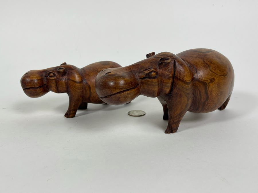 Pair Of Carved Wood Hippos 8L And 6L