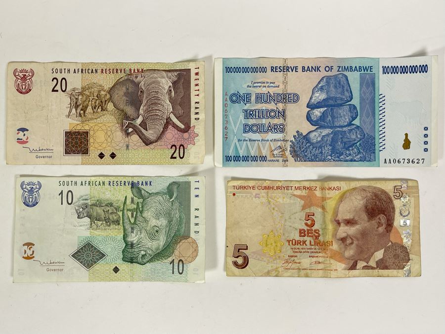 Foreign Currency Notes Including One Hundred Trillion Dollar Bill From Bank Of Zimbabwe