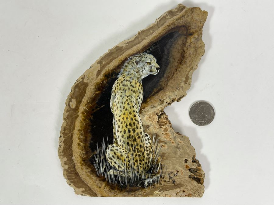 Hand Painted Fossilized Tree Of Cheetah Signed Ann Parker 1979 5.5W X 7.25H [Photo 5]