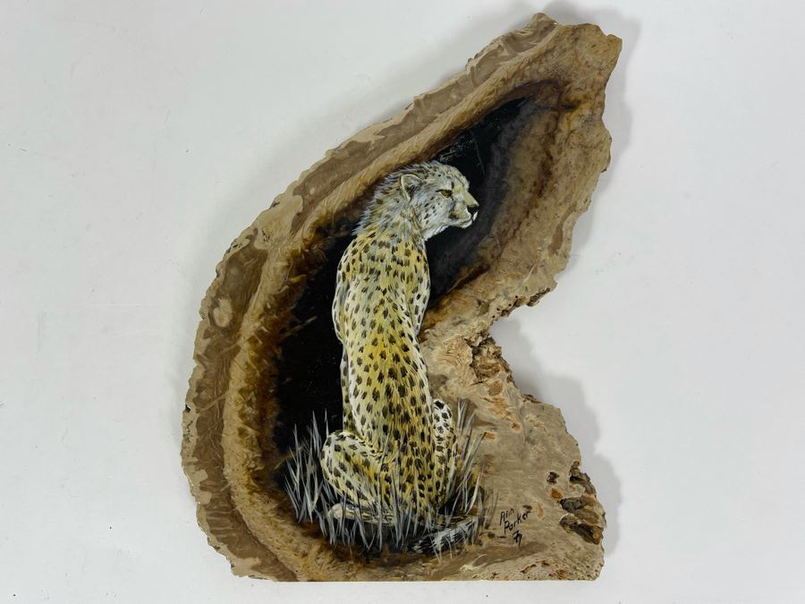 Hand Painted Fossilized Tree Of Cheetah Signed Ann Parker 1979 5.5W X 7.25H [Photo 2]