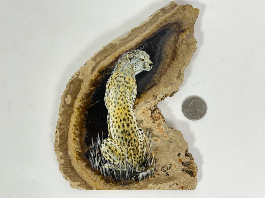 JUST ADDED - Hand Painted Fossilized Tree Of Cheetah Signed Ann Parker 1979 5.5W X 7.25H [Photo 1]