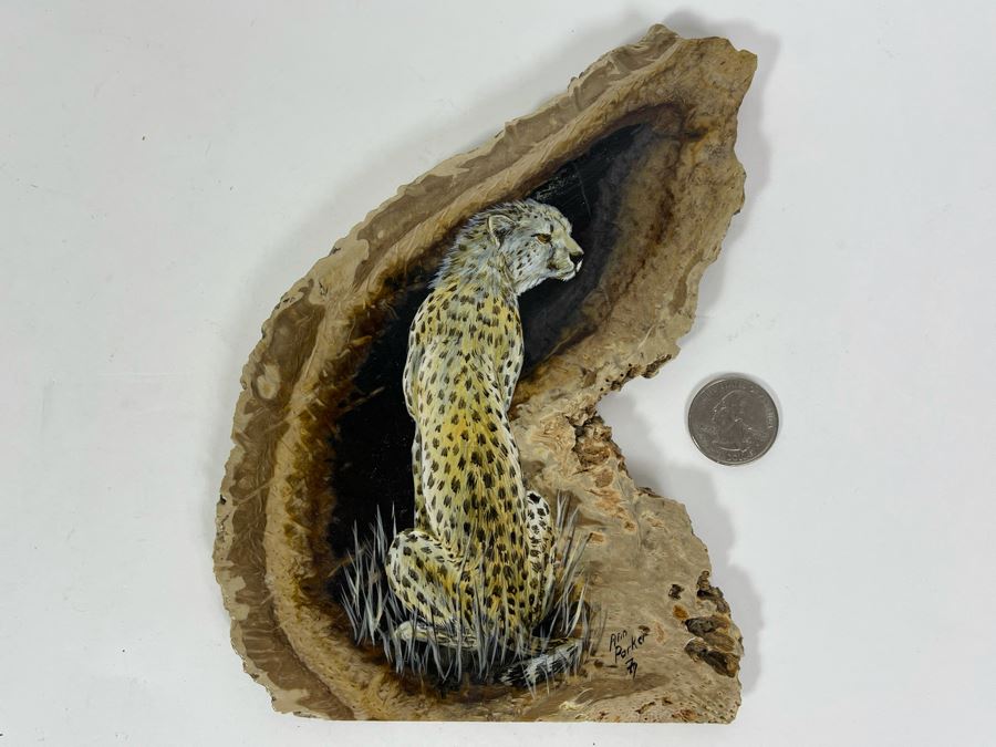 Hand Painted Fossilized Tree Of Cheetah Signed Ann Parker 1979 5.5W X 7.25H [Photo 3]