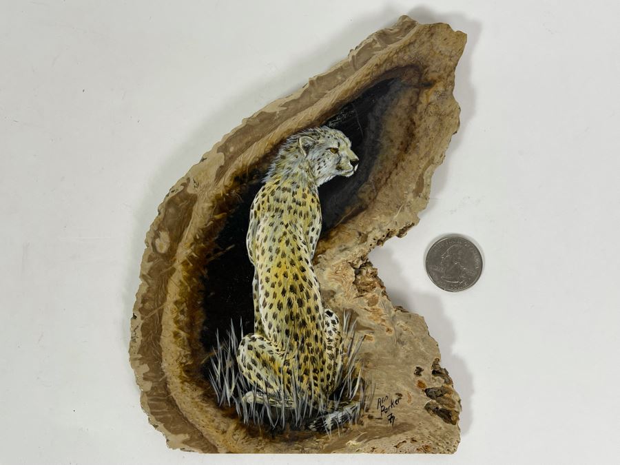 Hand Painted Fossilized Tree Of Cheetah Signed Ann Parker 1979 5.5W X 7.25H [Photo 4]