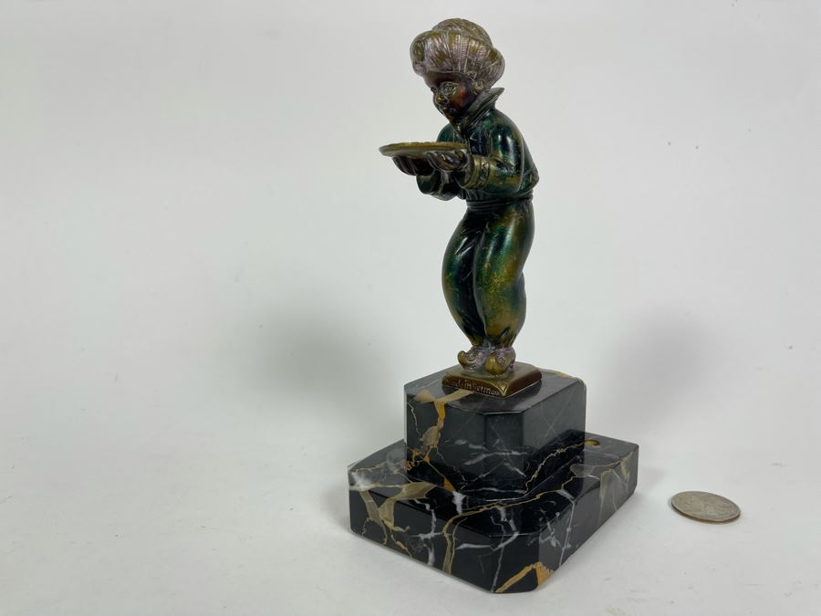 Richard W. Lange Bronze Sculpture On Marble Base Signed R. W. Lange Titled 'Small Moor With Love Letter, 1920s' Made In Germany By Baetman & Co 3W X 3.75D X 7H [Photo 20]
