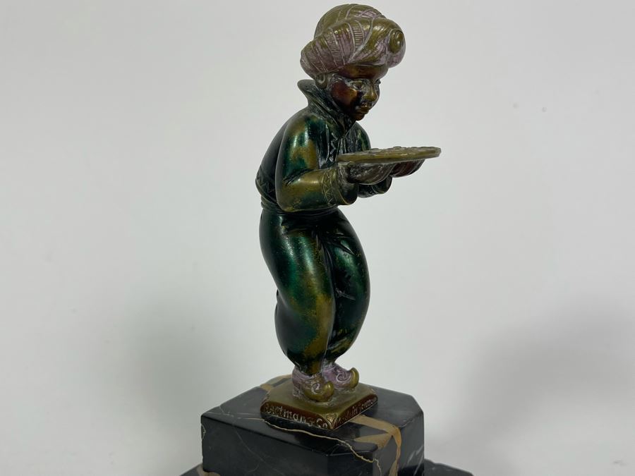 Richard W. Lange Bronze Sculpture On Marble Base Signed R. W. Lange Titled 'Small Moor With Love Letter, 1920s' Made In Germany By Baetman & Co 3W X 3.75D X 7H [Photo 7]