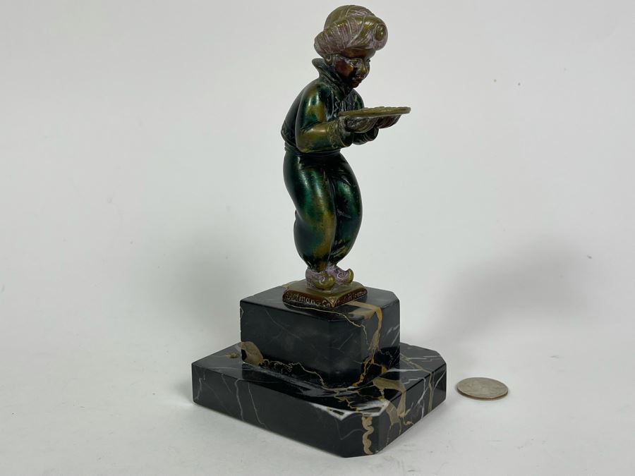 Richard W. Lange Bronze Sculpture On Marble Base Signed R. W. Lange Titled 'Small Moor With Love Letter, 1920s' Made In Germany By Baetman & Co 3W X 3.75D X 7H [Photo 1]