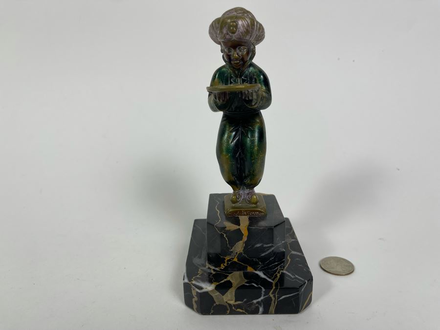 Richard W. Lange Bronze Sculpture On Marble Base Signed R. W. Lange Titled 'Small Moor With Love Letter, 1920s' Made In Germany By Baetman & Co 3W X 3.75D X 7H [Photo 3]