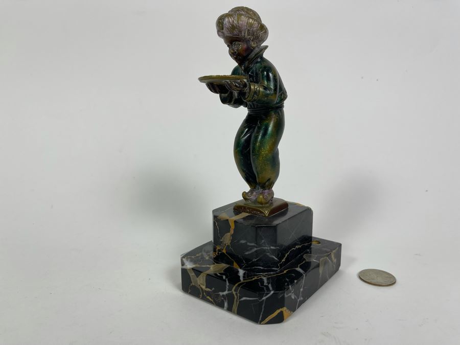 Richard W. Lange Bronze Sculpture On Marble Base Signed R. W. Lange Titled 'Small Moor With Love Letter, 1920s' Made In Germany By Baetman & Co 3W X 3.75D X 7H [Photo 19]
