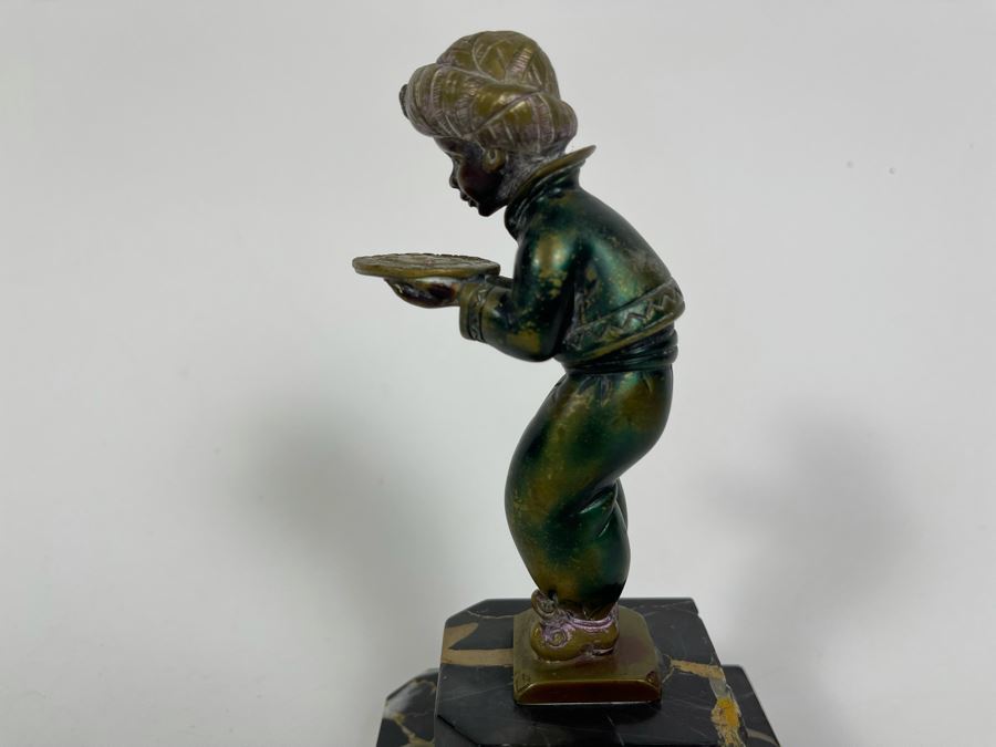 Richard W. Lange Bronze Sculpture On Marble Base Signed R. W. Lange Titled 'Small Moor With Love Letter, 1920s' Made In Germany By Baetman & Co 3W X 3.75D X 7H [Photo 18]