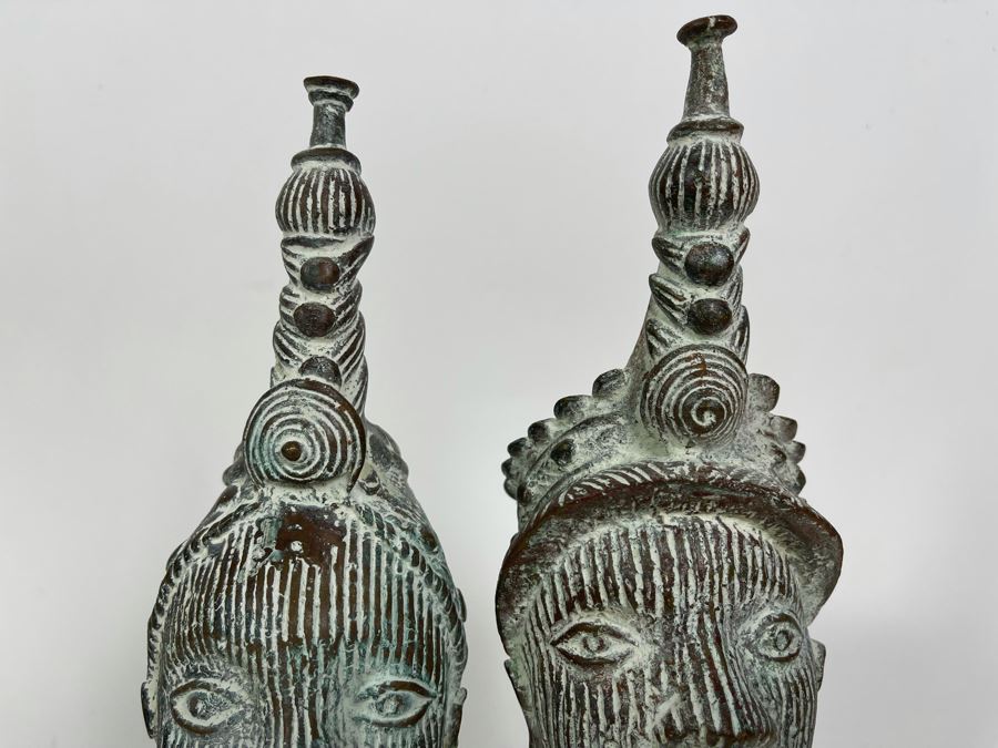 Pair Of Bronze Benin African Face Head Sculptures Displayed On Acrylic Base 8W X 4D X 11.5H [Photo 6]