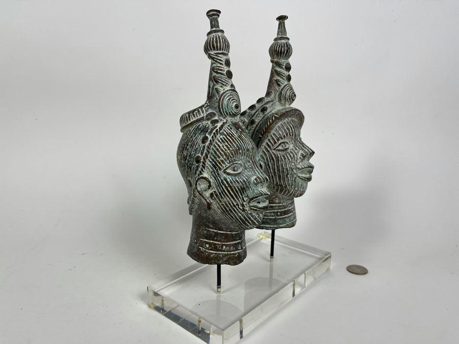 Pair Of Bronze Benin African Face Head Sculptures Displayed On Acrylic Base 8W X 4D X 11.5H [Photo 7]