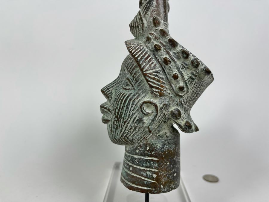 Pair Of Bronze Benin African Face Head Sculptures Displayed On Acrylic Base 8W X 4D X 11.5H [Photo 12]