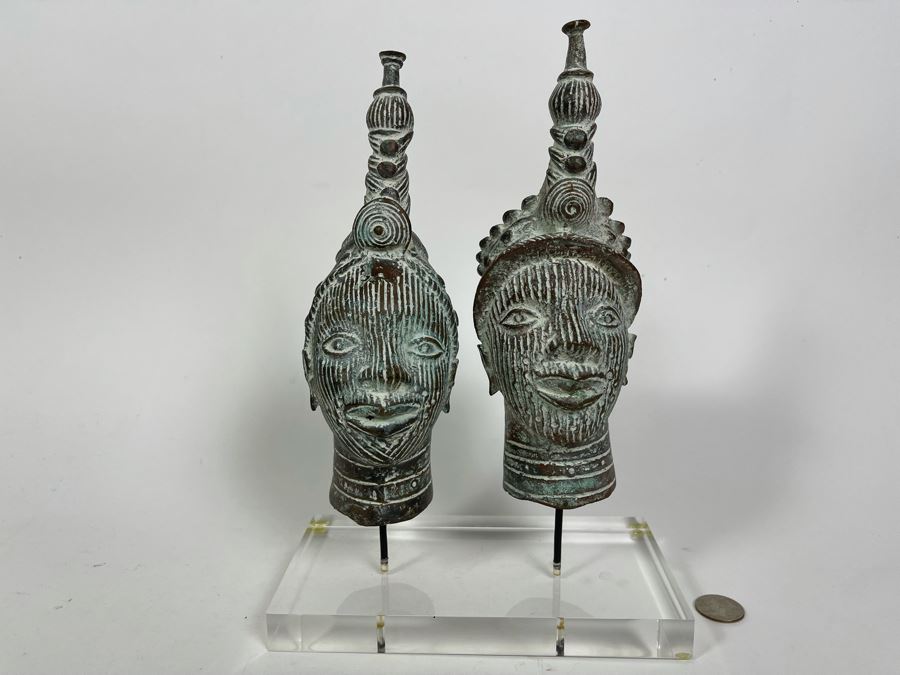 Pair Of Bronze Benin African Face Head Sculptures Displayed On Acrylic Base 8W X 4D X 11.5H [Photo 2]