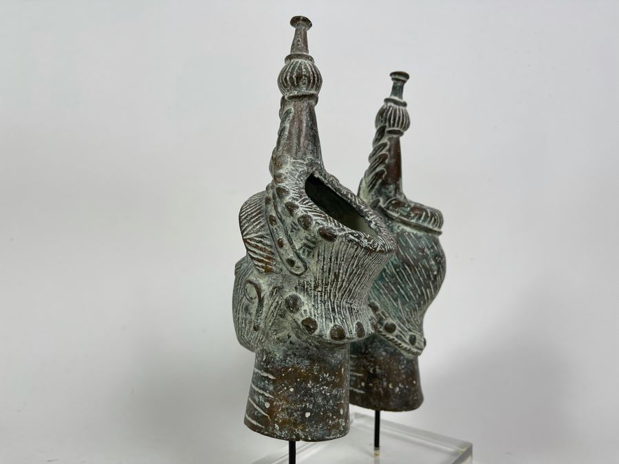 Pair Of Bronze Benin African Face Head Sculptures Displayed On Acrylic Base 8W X 4D X 11.5H [Photo 11]