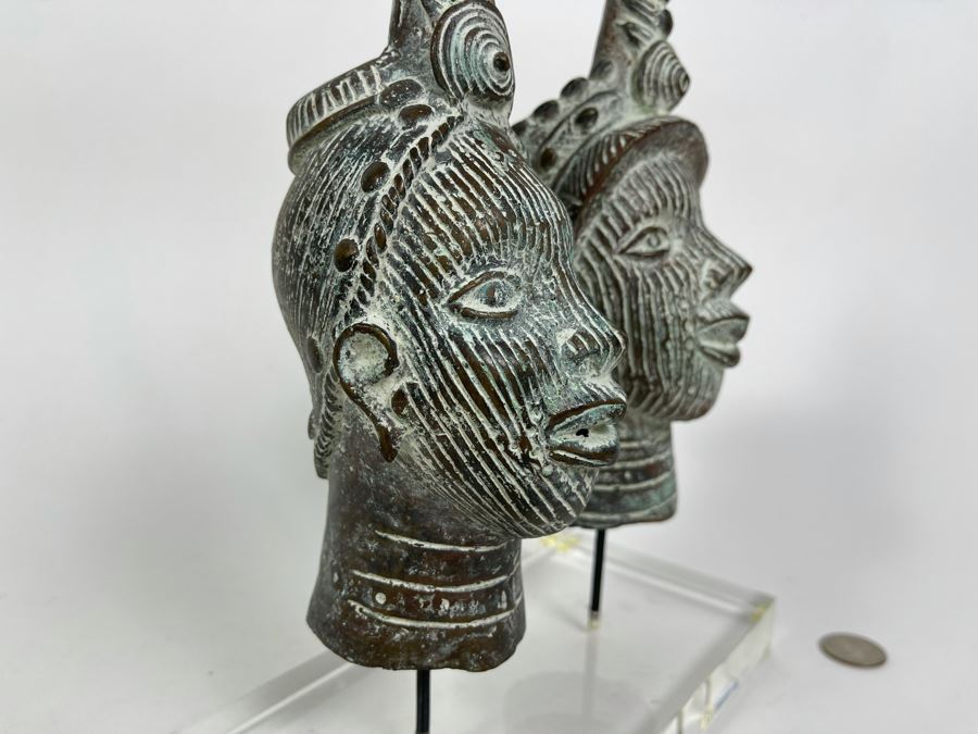 Pair Of Bronze Benin African Face Head Sculptures Displayed On Acrylic Base 8W X 4D X 11.5H [Photo 8]
