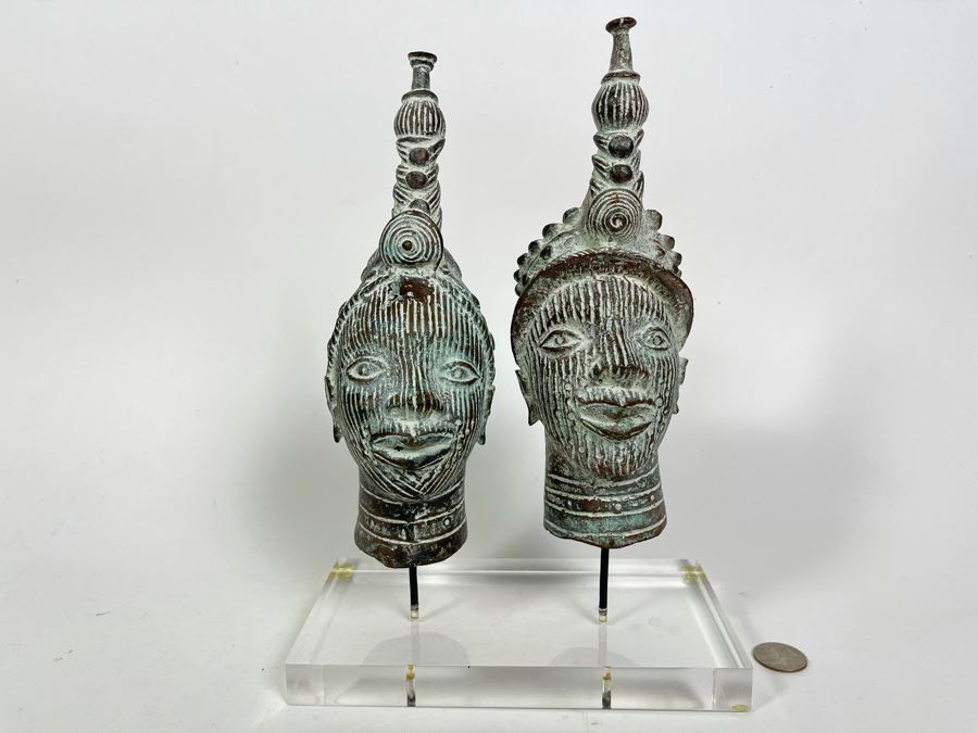 Pair Of Bronze Benin African Face Head Sculptures Displayed On Acrylic Base 8W X 4D X 11.5H