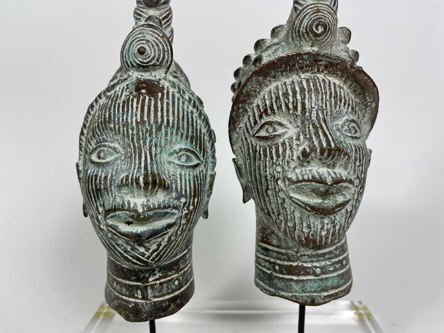Pair Of Bronze Benin African Face Head Sculptures Displayed On Acrylic Base 8W X 4D X 11.5H [Photo 5]