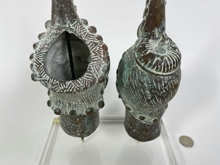 Pair Of Bronze Benin African Face Head Sculptures Displayed On Acrylic Base 8W X 4D X 11.5H [Photo 10]