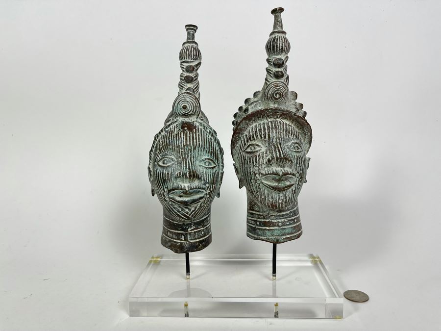Pair Of Bronze Benin African Face Head Sculptures Displayed On Acrylic Base 8W X 4D X 11.5H [Photo 4]