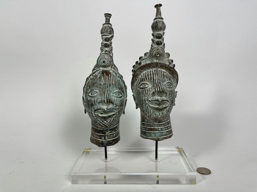 Pair Of Bronze Benin African Face Head Sculptures Displayed On Acrylic Base 8W X 4D X 11.5H [Photo 3]