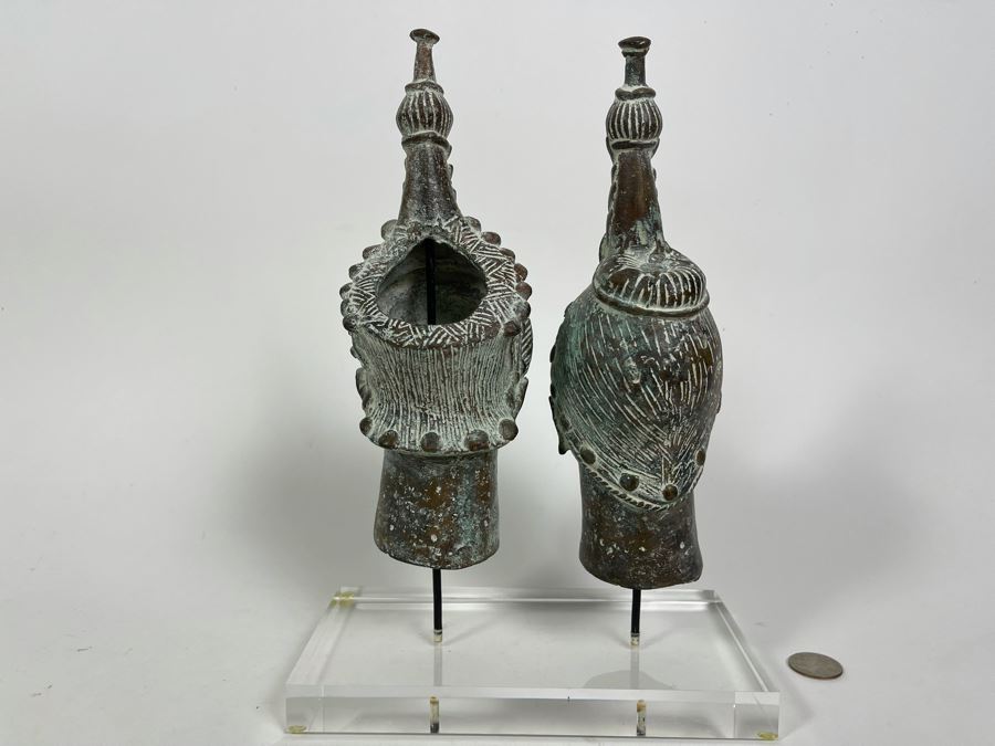Pair Of Bronze Benin African Face Head Sculptures Displayed On Acrylic Base 8W X 4D X 11.5H [Photo 9]
