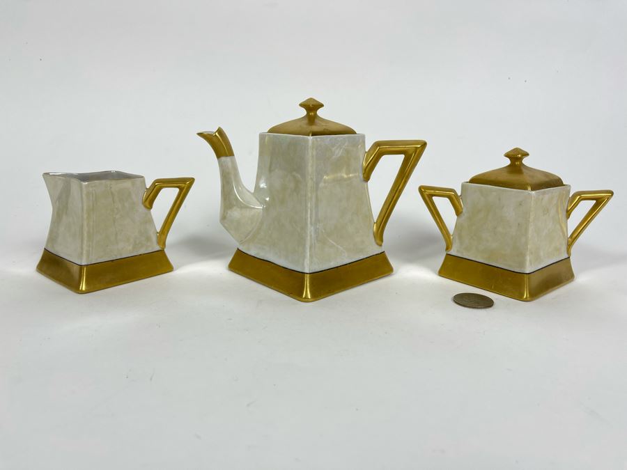 Art Deco Limoges France Teapot 5H With Creamer And Sugar
