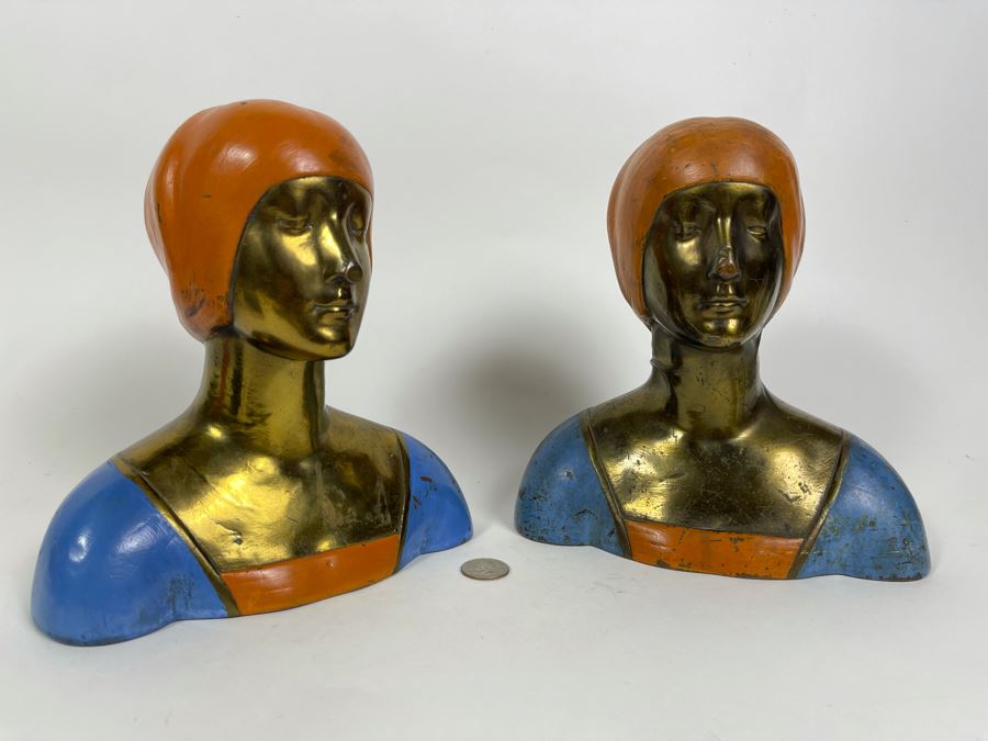 Pair Of Art Deco 1915 Bronze Clad Bust Of Woman From Pompeian Bronze Co 8.5W [Photo 3]