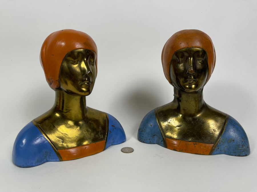 Pair Of Art Deco 1915 Bronze Clad Bust Of Woman From Pompeian Bronze Co 8.5W [Photo 2]