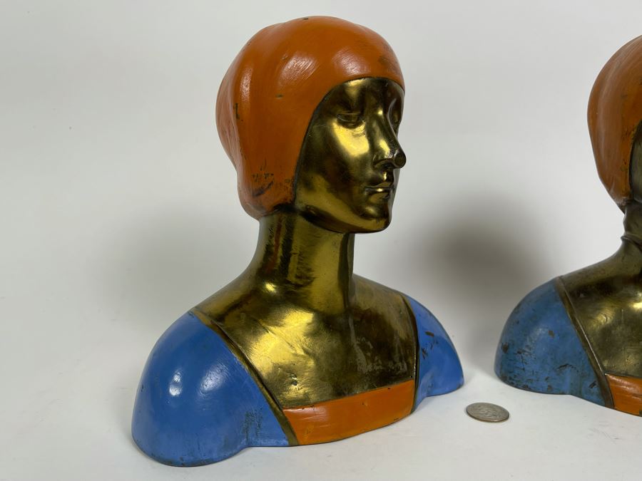 Pair Of Art Deco 1915 Bronze Clad Bust Of Woman From Pompeian Bronze Co 8.5W [Photo 4]