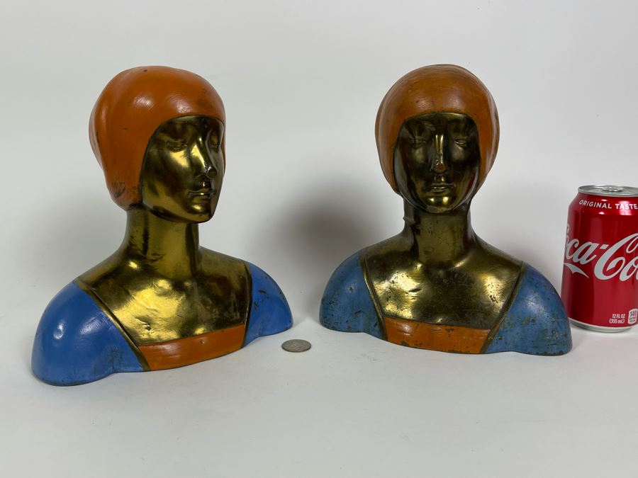 Pair Of Art Deco 1915 Bronze Clad Bust Of Woman From Pompeian Bronze Co 8.5W [Photo 5]