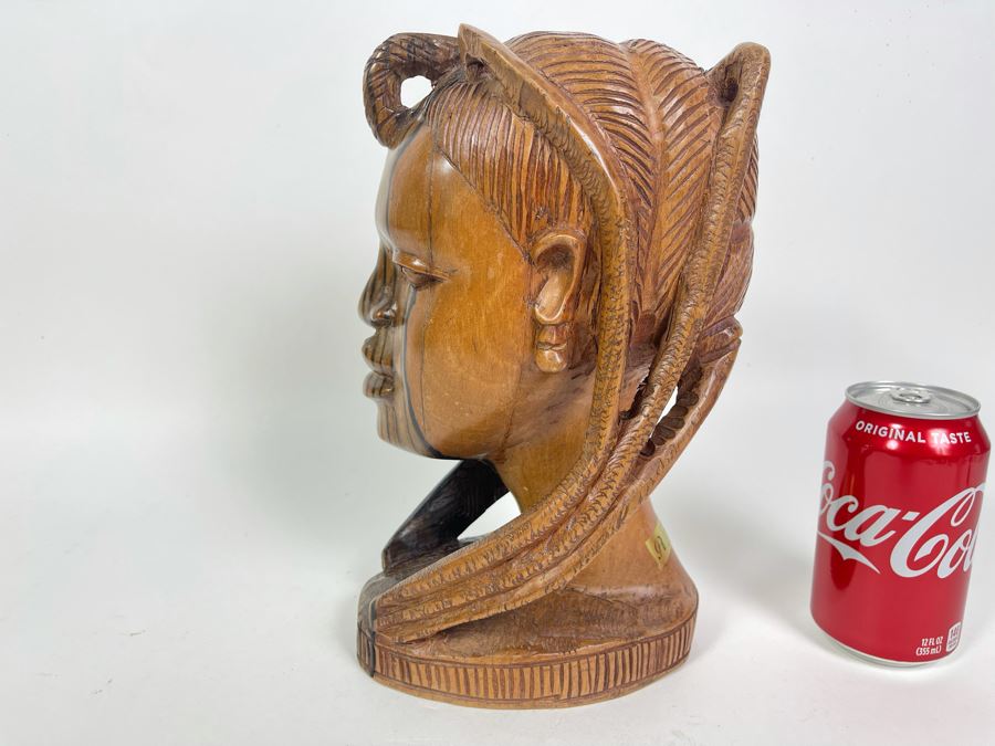 Vintage Hand Carved Wood Bust Of Woman Made In Nigeria African 5.5W X 6.5D X 11H [Photo 2]