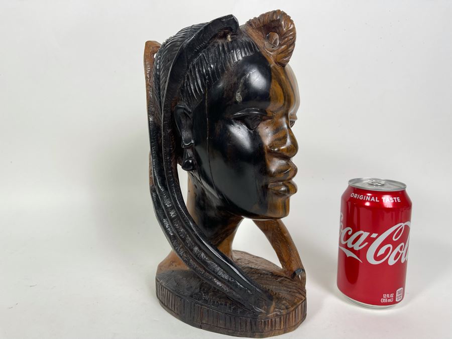Vintage Hand Carved Wood Bust Of Woman Made In Nigeria African 5.5W X 6.5D X 11H [Photo 3]