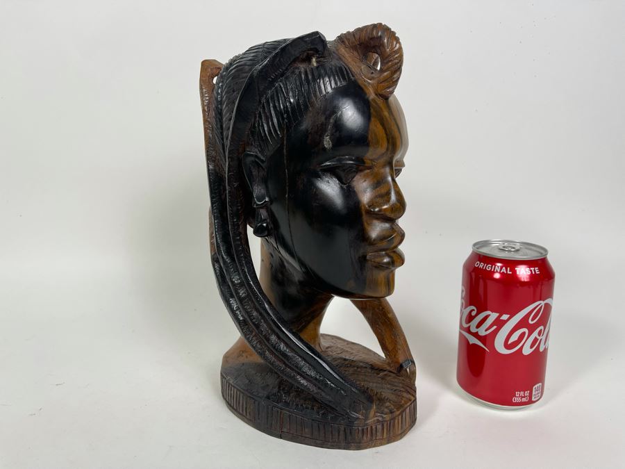 Vintage Hand Carved Wood Bust Of Woman Made In Nigeria African 5.5W X 6.5D X 11H