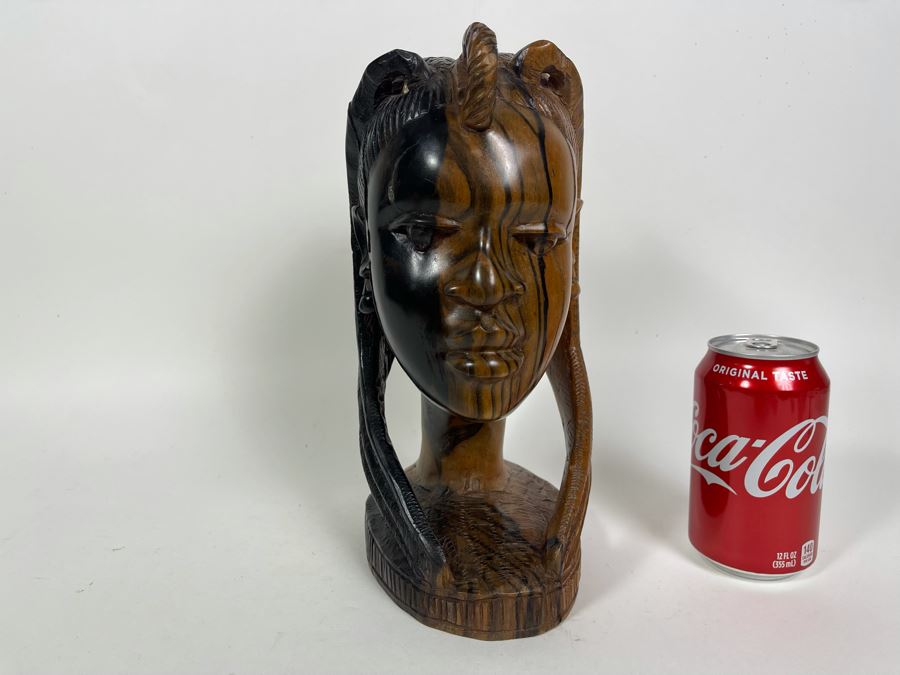 Vintage Hand Carved Wood Bust Of Woman Made In Nigeria African 5.5W X 6.5D X 11H [Photo 4]