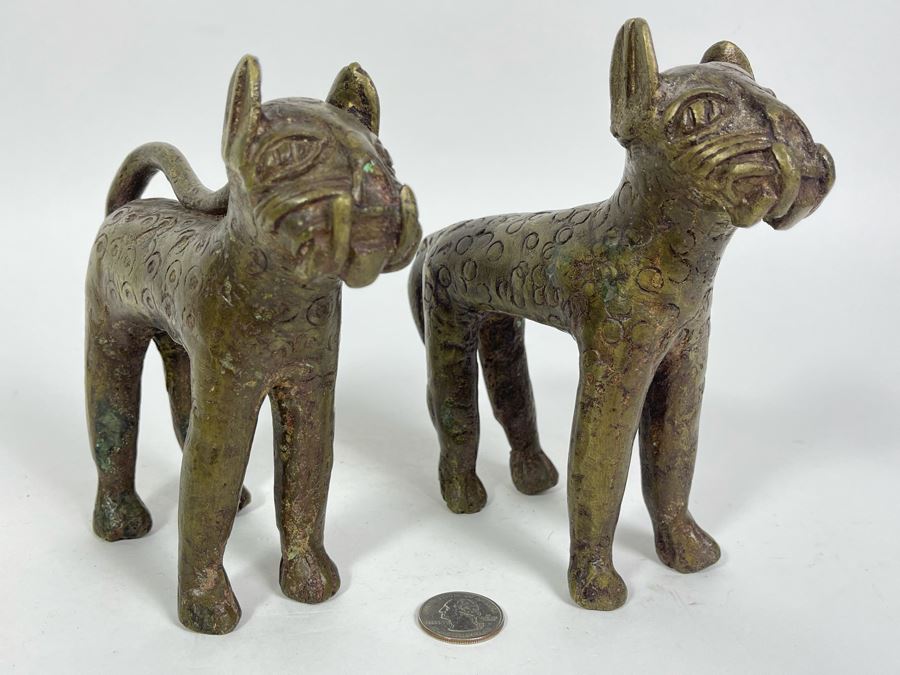 Vintage Pair Of Benin African Panther Sculptures Apx 6H [Photo 1]