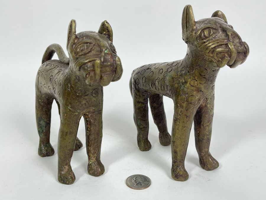 Vintage Pair Of Benin African Panther Sculptures Apx 6H [Photo 2]