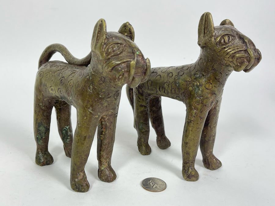 Vintage Pair Of Benin African Panther Sculptures Apx 6H [Photo 4]