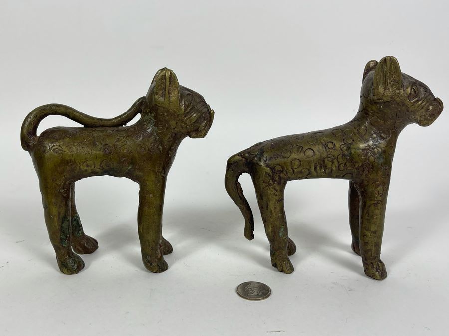 Vintage Pair Of Benin African Panther Sculptures Apx 6H [Photo 5]