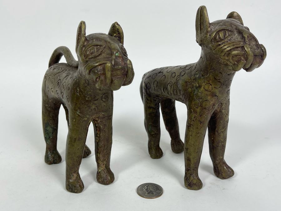 Vintage Pair Of Benin African Panther Sculptures Apx 6H [Photo 3]