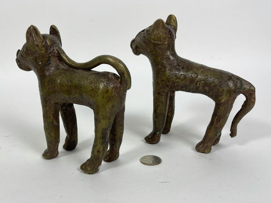Vintage Pair Of Benin African Panther Sculptures Apx 6H [Photo 8]