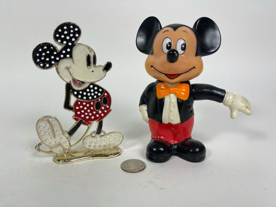 Vintage Vinyl Mickey Mouse Bank 6H And Metal Mickey Mouse Figurine