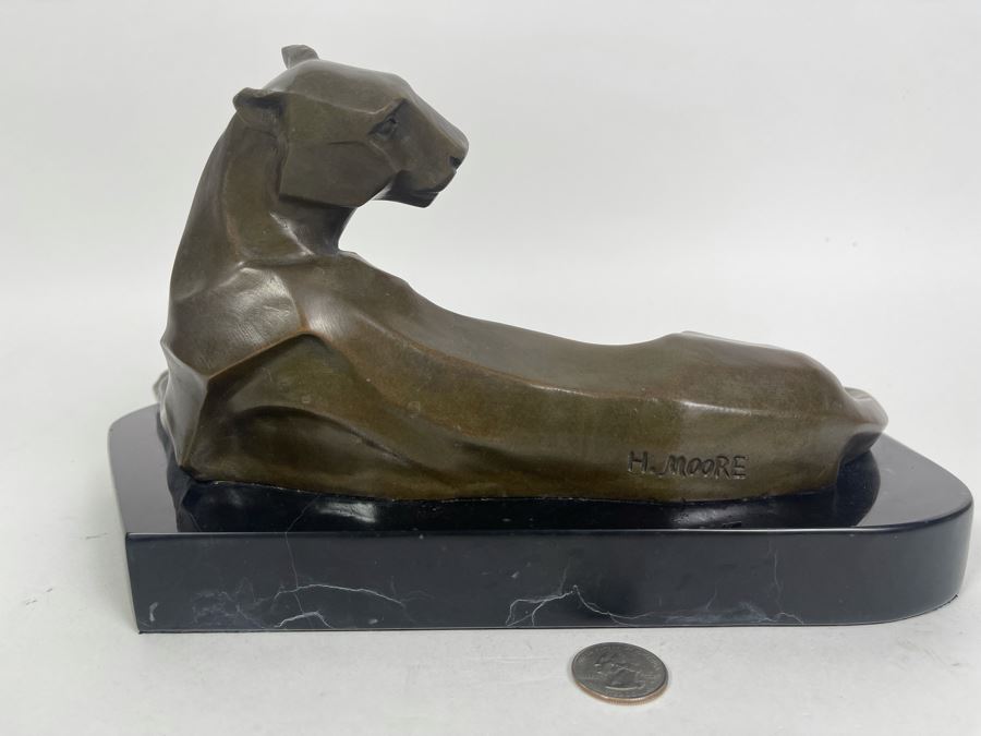 Henry Moore Art Deco Mountain Lion Panther Bronze Signed H. Moore 11W X 6D X 6H [Photo 11]