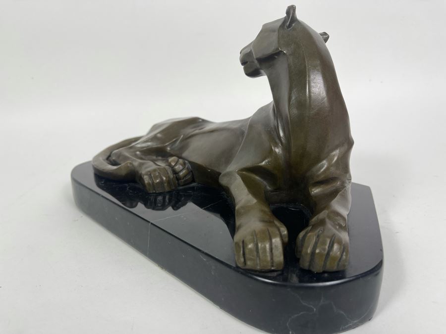 Signed H Moore Art Deco Stylised Bronze Sculpture of a Laying Panther 