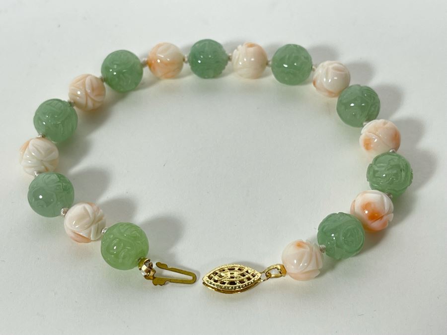 Carved Jade And Angel Skin Coral 8.5' Bracelet 10mm And 9mm [Photo 8]