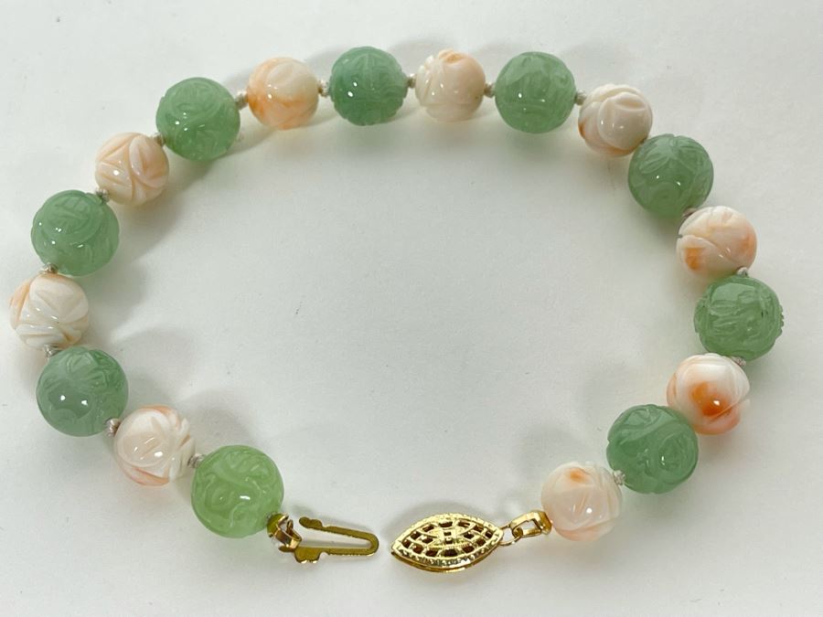 Carved Jade And Angel Skin Coral 8.5' Bracelet 10mm And 9mm [Photo 1]